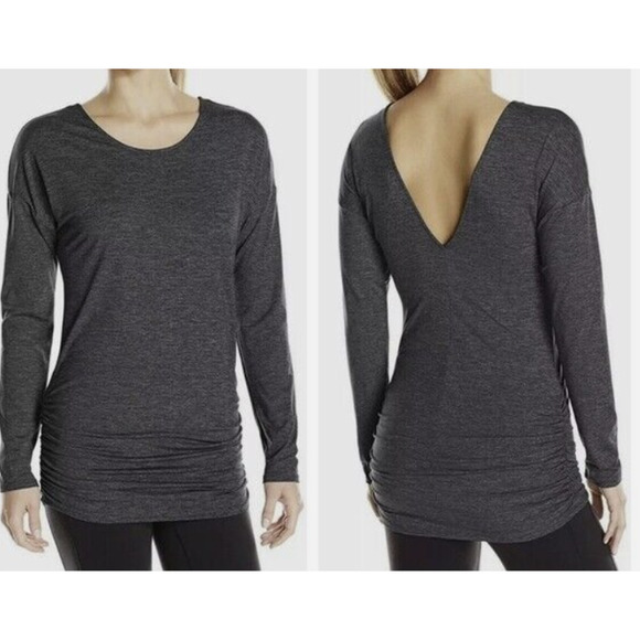 Lucy Tops - Lucy Size S Manifest Deep V-Back Ruched Sides Gray Space Dye Long Sleeve Tunic